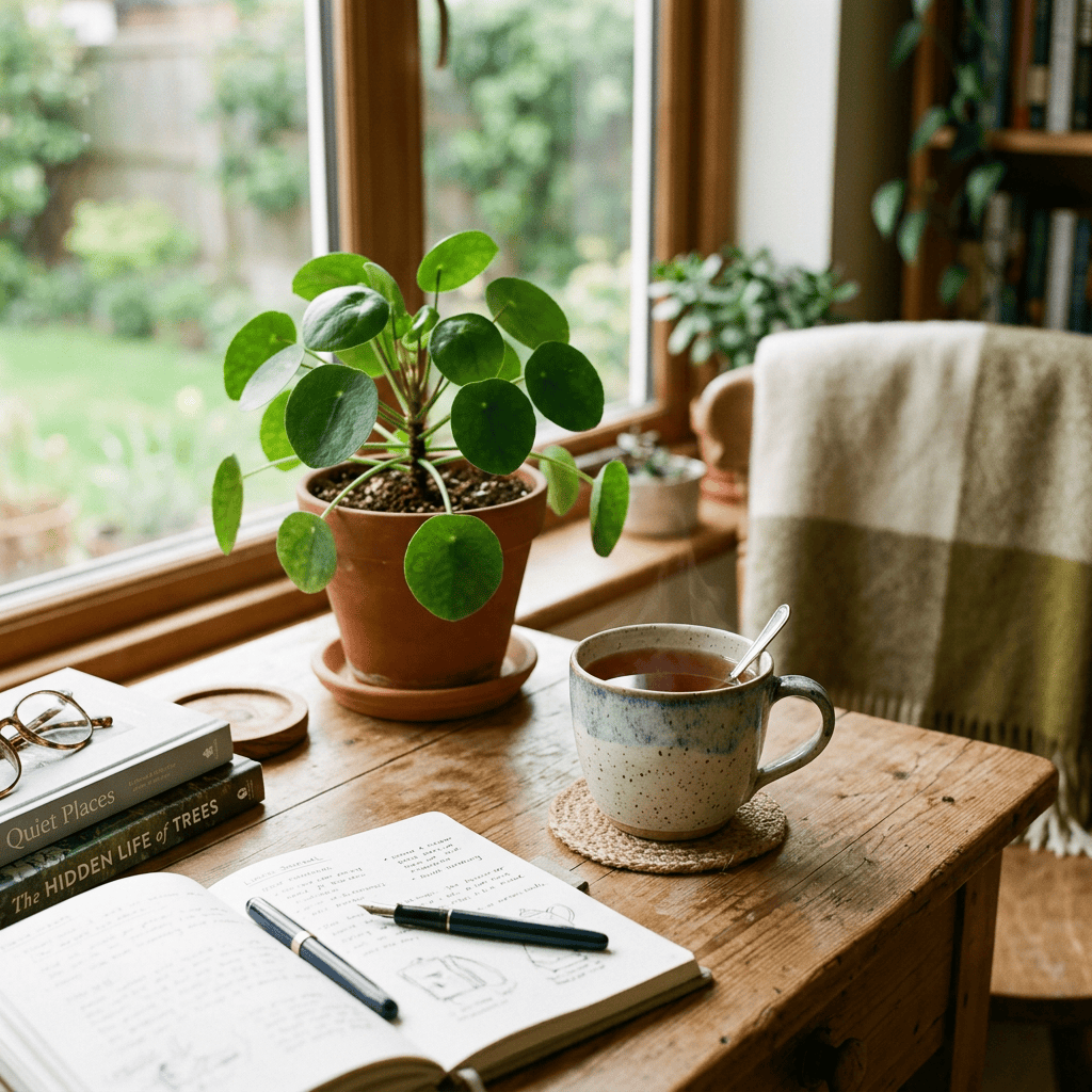 Wooden desk by window with potted plant, open notebook with pens, books, and a steaming cup of tea